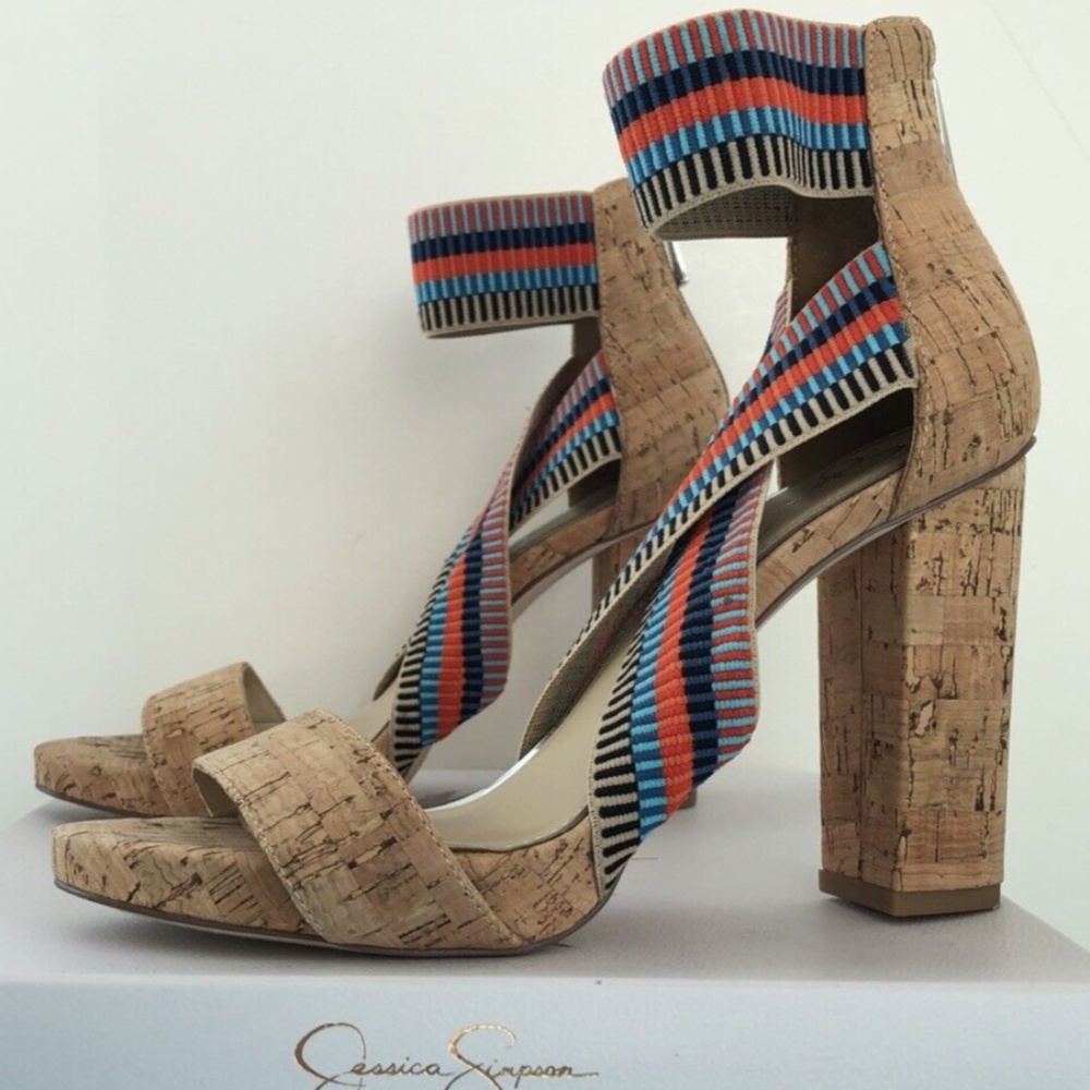 Jessica Simpson Pivero Cork Stretch Band Platform Block Heels Sz 7